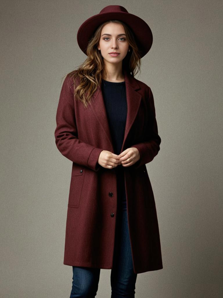 Stylish Woman in Burgundy Coat and Hat