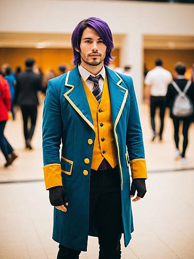 Man with Purple Hair in Teal and Mustard Yellow Formal Coat Fashion Portrait