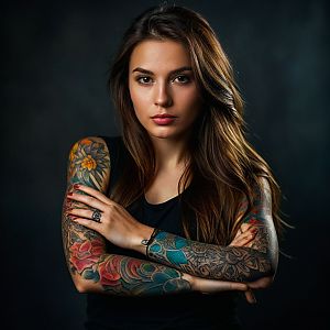 Confident Woman with Colorful Tattoos
