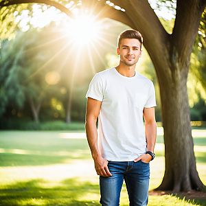 Young man in white t-shirt and jeans in sunny park