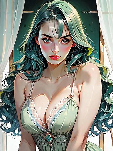 Realistic Digital Portrait of Woman in Emerald Green Satin Chemise with Deep V-Neck