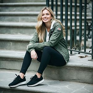 Young woman in green jacket on stone steps