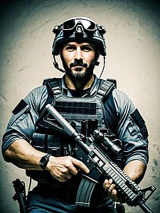 Man in Tactical Gear with Assault Rifle