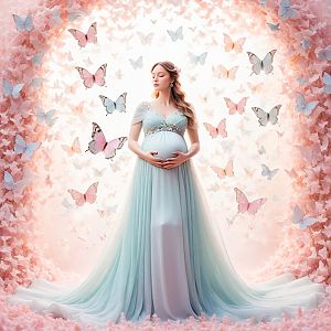 Pregnant Woman in Ethereal Gown with Butterflies