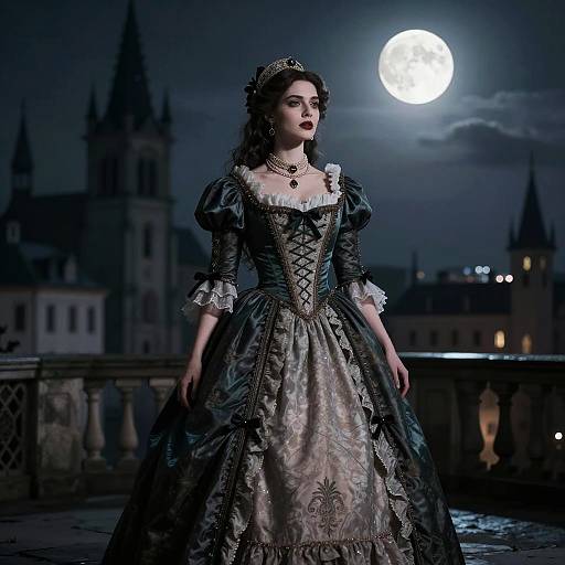 Victorian Woman in Gothic Dress Under Full Moon