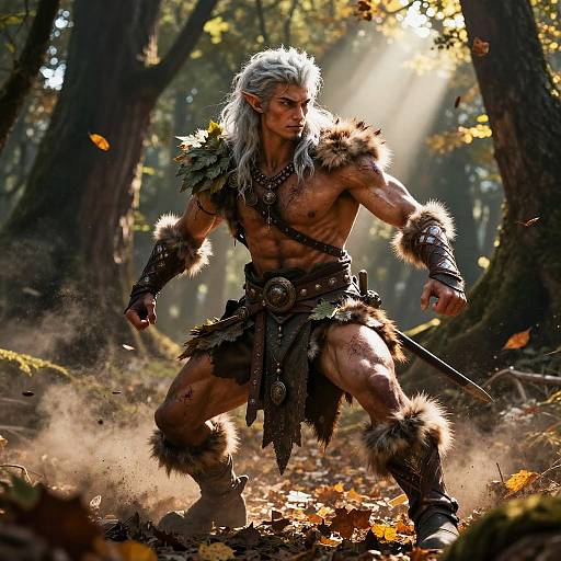 Fantasy Warrior Elf Man in Tribal Armor Ready for Battle in Forest