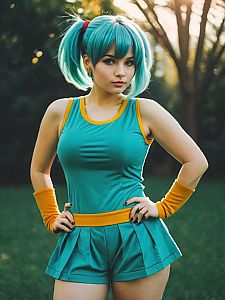 Realistic Bulma Cosplay Woman in Teal and Orange Costume Outdoors