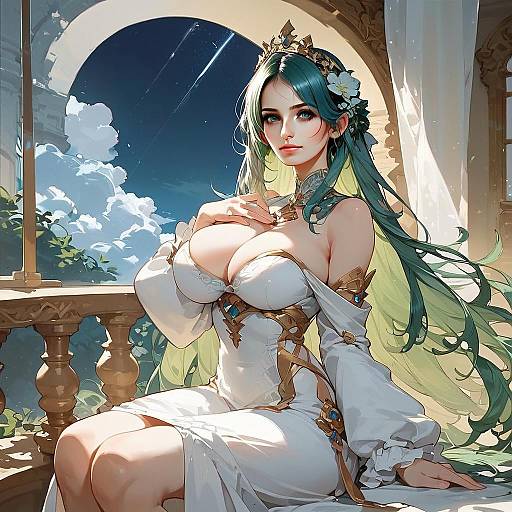 Anime Woman in Elegant White Dress on Balcony with Scenic Sky