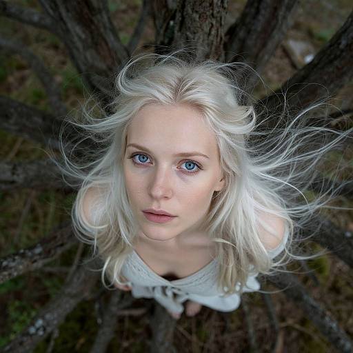 Overhead Portrait of Blonde Woman with Blue Eyes Standing on Tree Roots