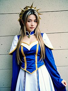 Woman in Realistic Belldandy Cosplay Costume with Gold Accents