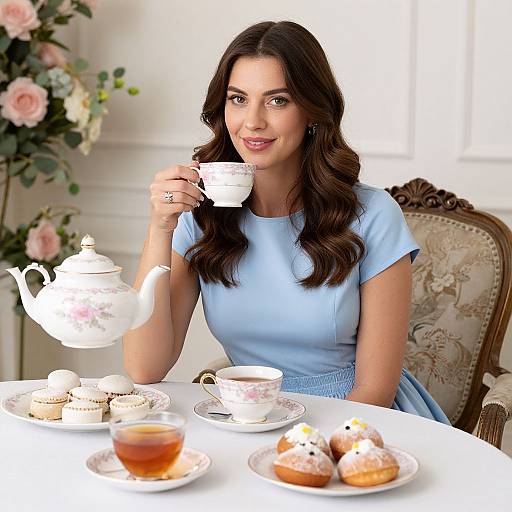 Woman Enjoying Elegant Tea Time with Floral Teacup and Desserts
