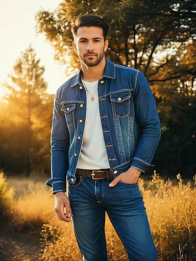 Man in Stylish Jeans Outfit Photorealistic Outdoor Portrait at Golden Hour