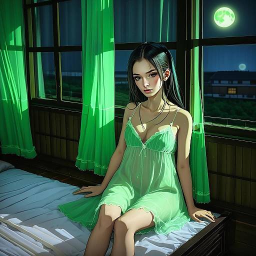 Young Woman in Green Nightdress Sitting by Window at Night with Full Moon