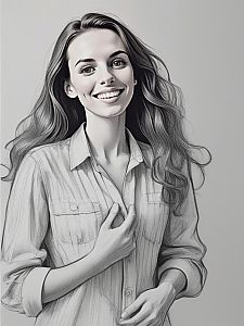 Pencil Sketch of Smiling Woman with Long Hair