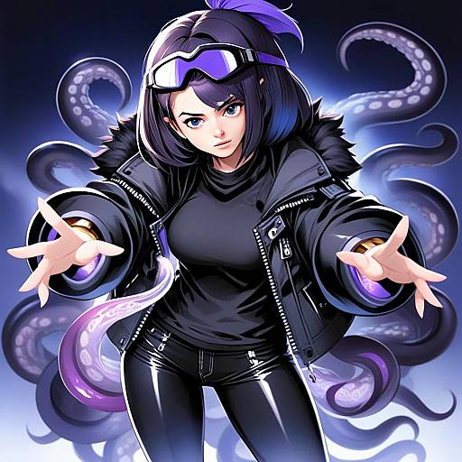 Anime Style Illustration of Woman with Tentacles Wearing Leather Jacket