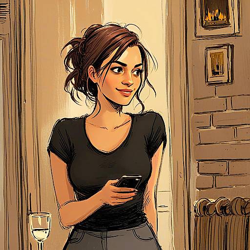 Stylish Young Woman Holding Smartphone Digital Illustration Indoors