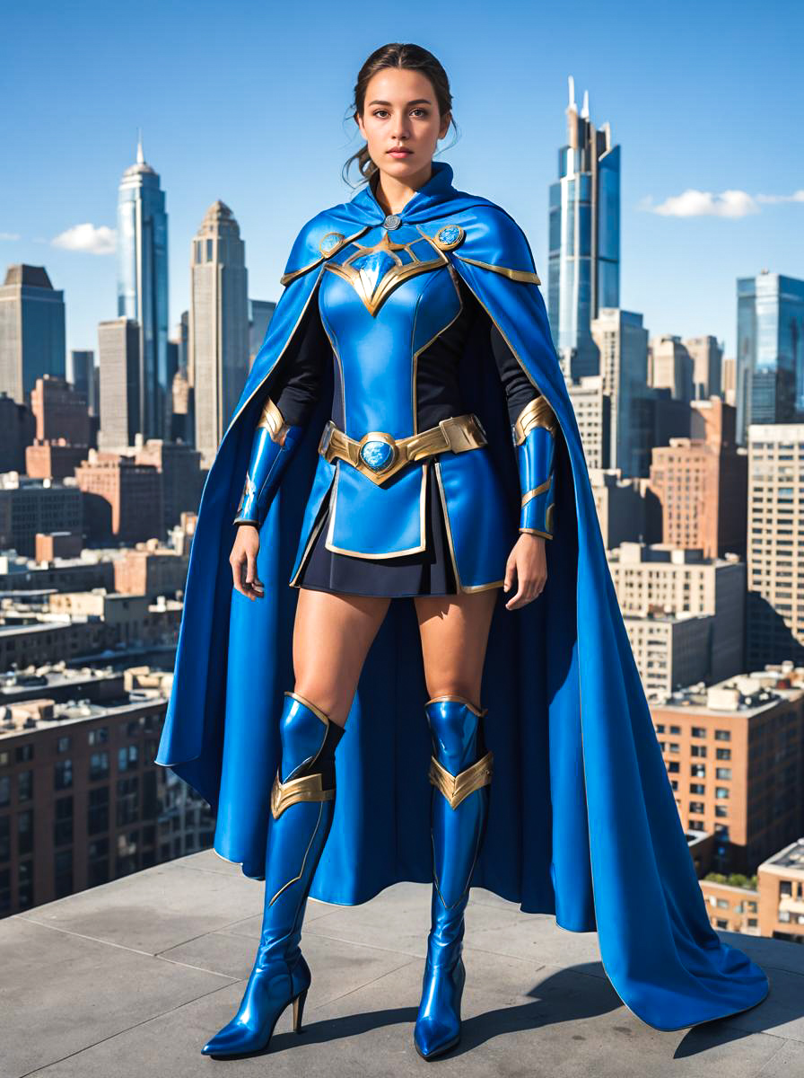 Woman in Blue Superhero Costume Against City Skyline