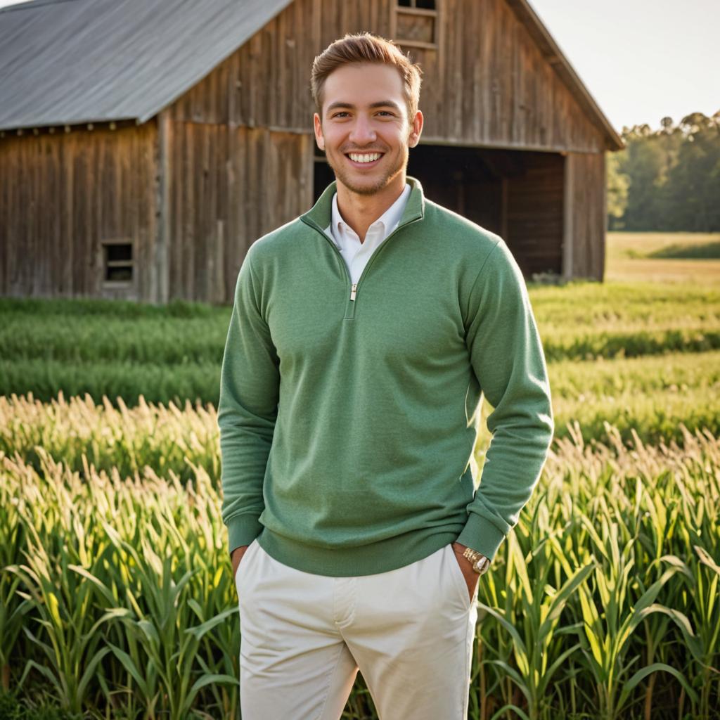 Smiling Man in Green Sweater by Rustic Barn