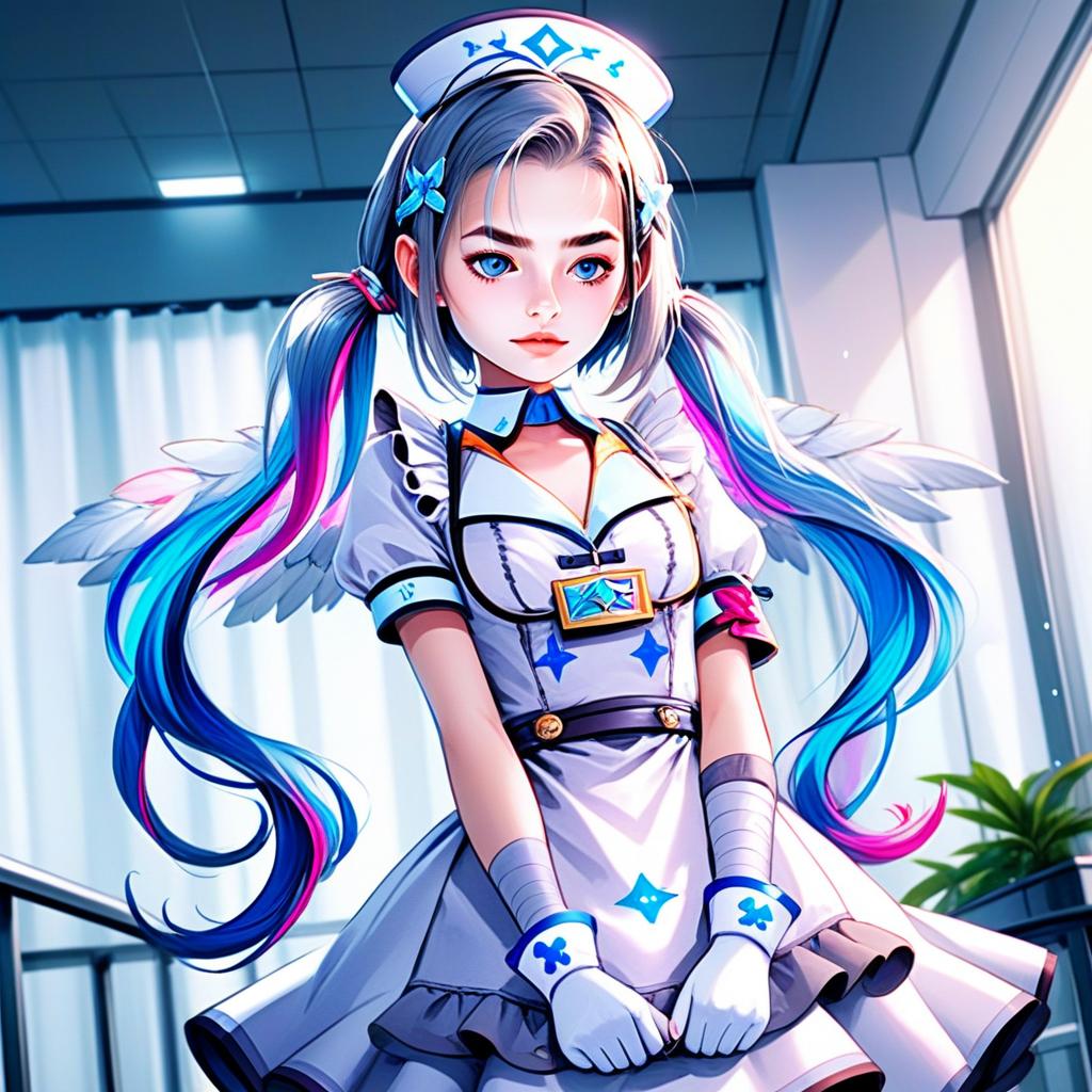 Anime Style Futuristic Nurse Girl with Blue and Pink Hair in Medical Room