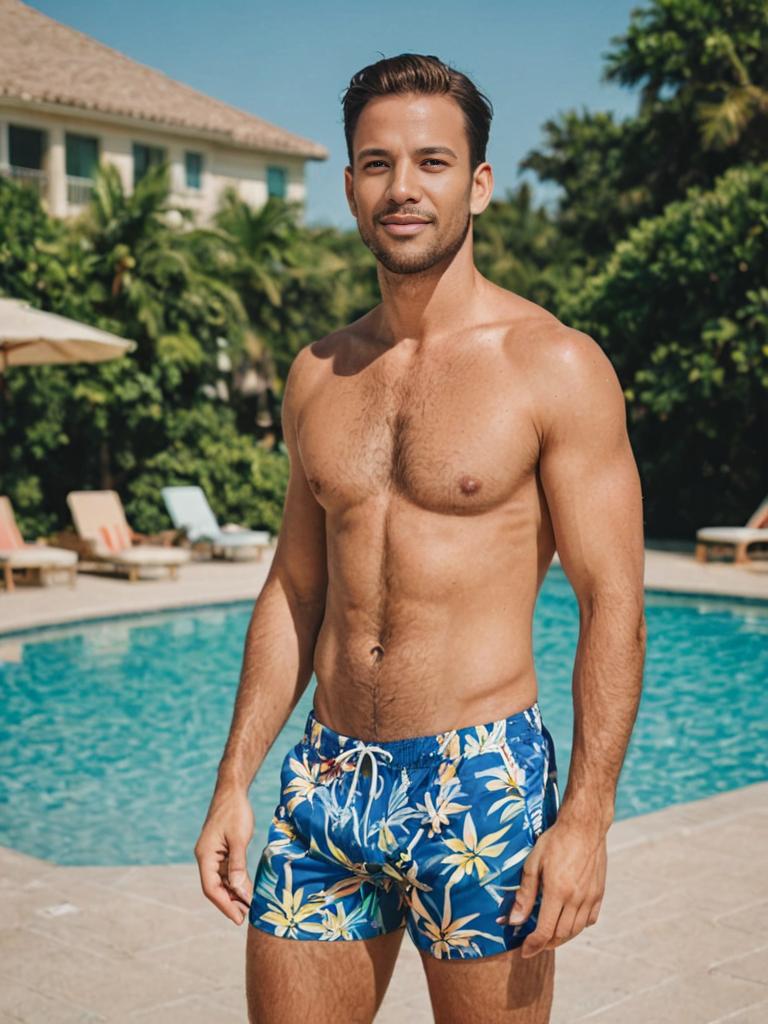 Confident man in floral swim trunks by the pool