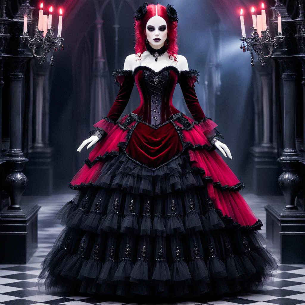 Gothic-Inspired Woman in Red and Black Gown