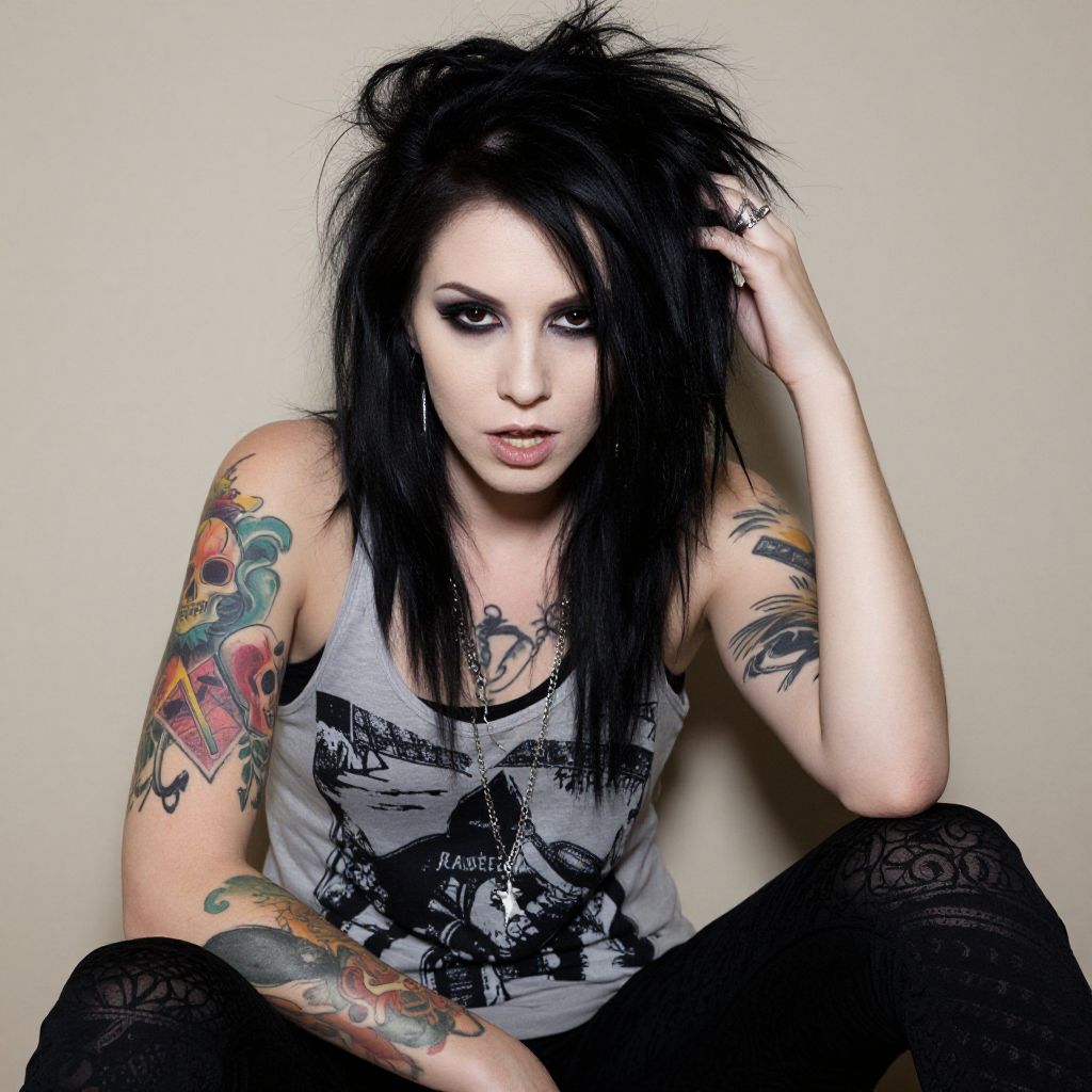 Edgy Punk Rock Woman with Black Hair and Colorful Tattoos