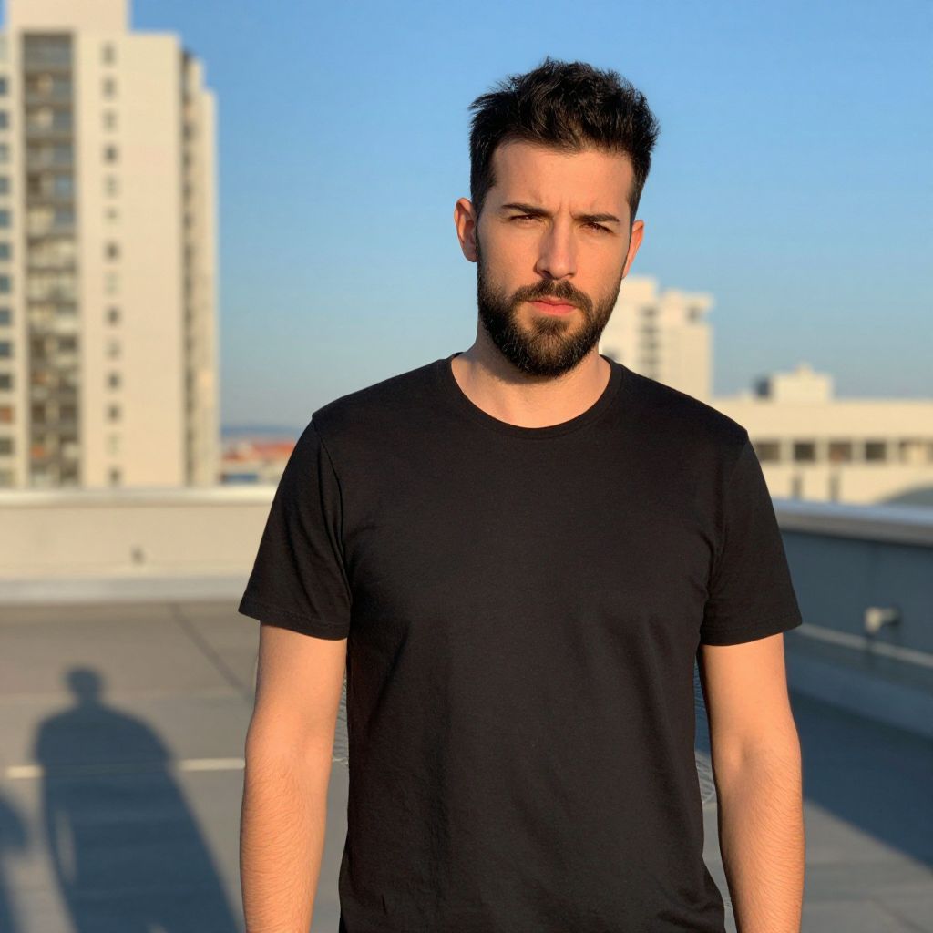 Bearded Young Man Wearing Black T-Shirt on Rooftop with Urban Background