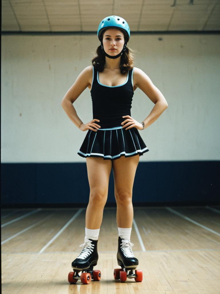 Vintage Style Woman in Roller Skating Outfit with Helmet on Indoor Rink