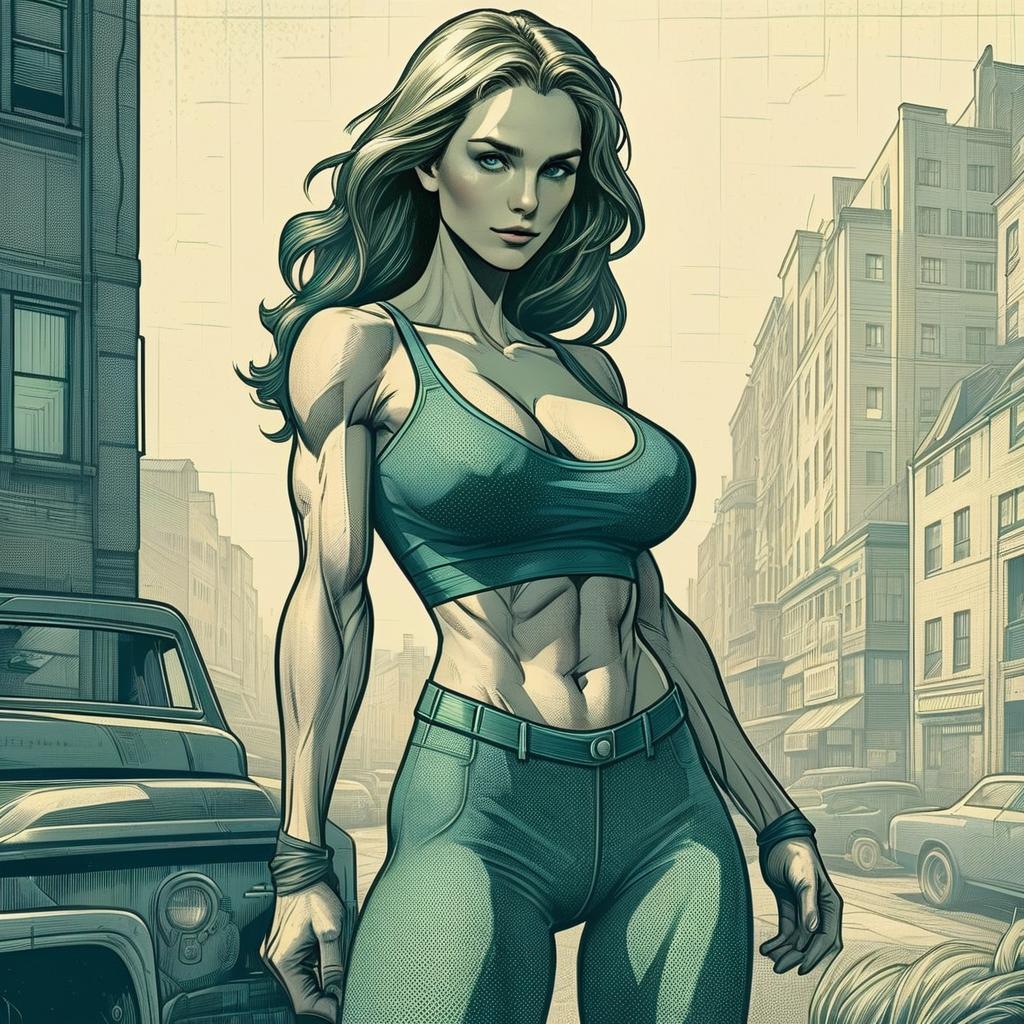 Muscular Woman in Urban Street - Digital Illustration