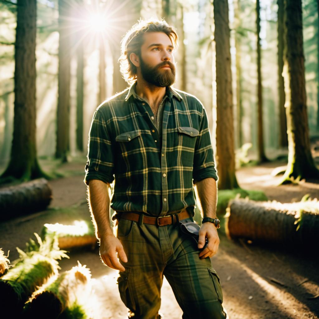 Rugged Man in Sunlit Forest