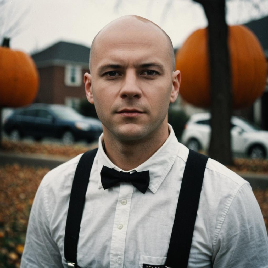 Bald man in white shirt and bow tie among pumpkins in fall Bald man in white shirt and bow tie among pumpkins in fall