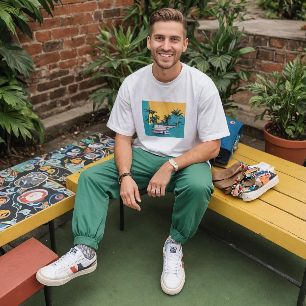 Stylish man in casual attire on colorful bench