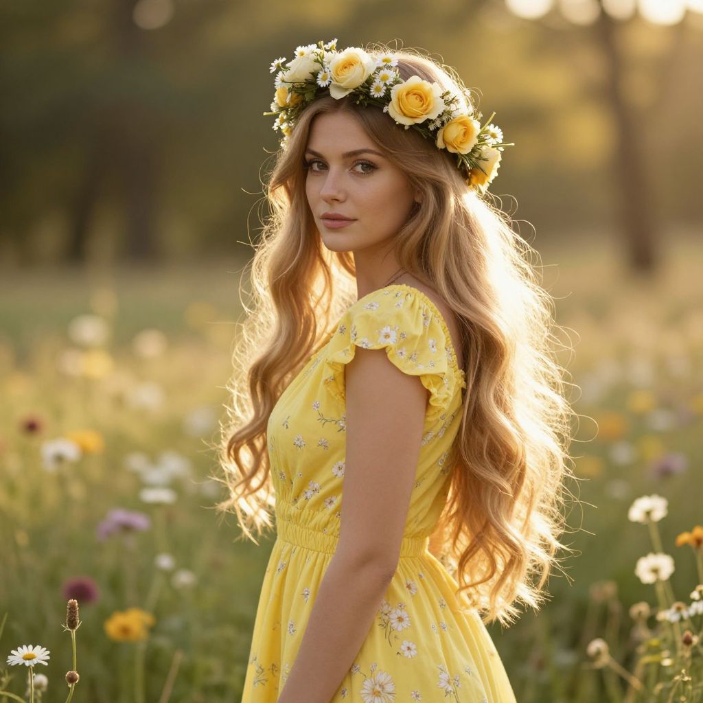 Young Woman in Yellow Floral Dress with Flower Crown in Sunny Meadow