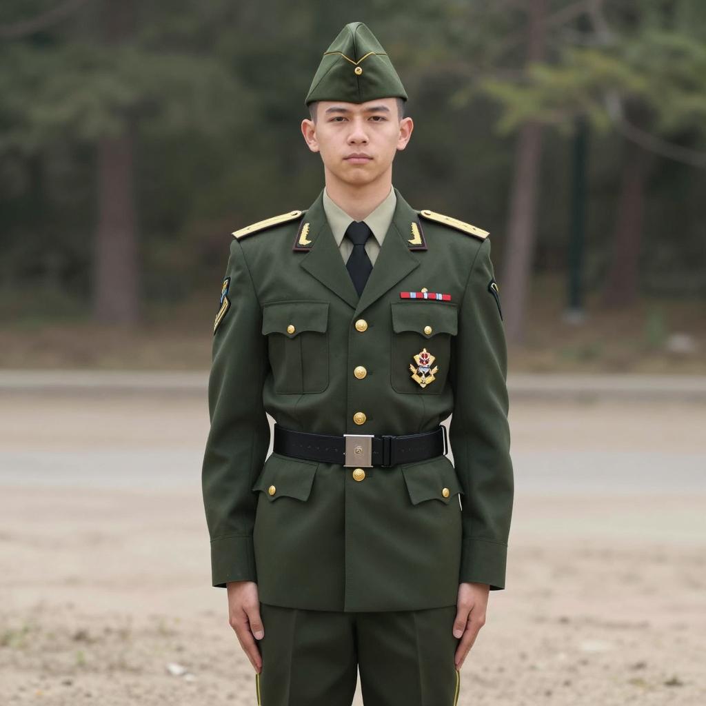 Young Man in Formal Military Uniform Standing Outdoors