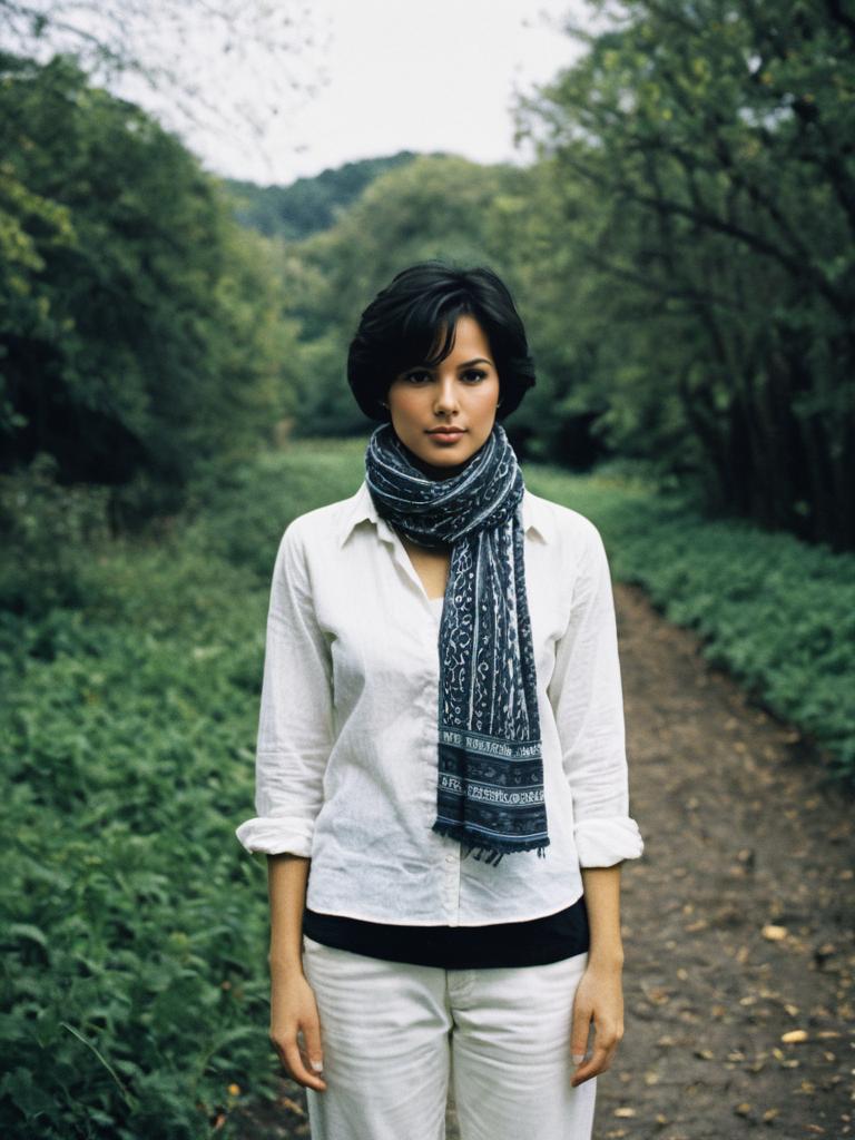 Eco-Friendly Woman in Sustainable Clothing Outdoors on Forest Path