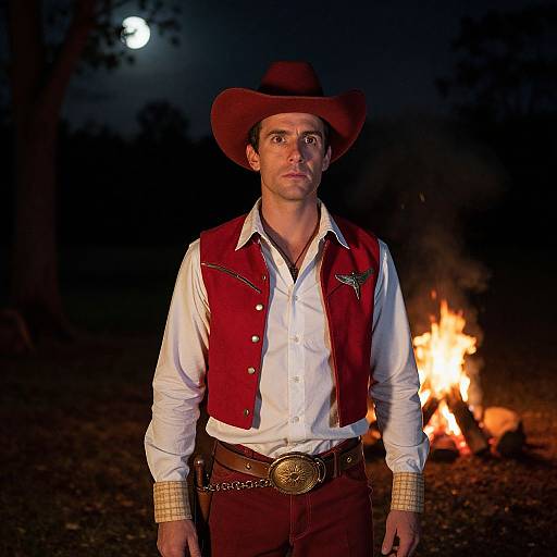 Man in Western Cowboy Outfit Standing by Night Campfire