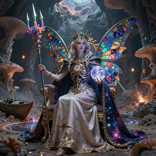 Mystical Fairy Queen with Stained Glass Wings in Fantasy Cavern