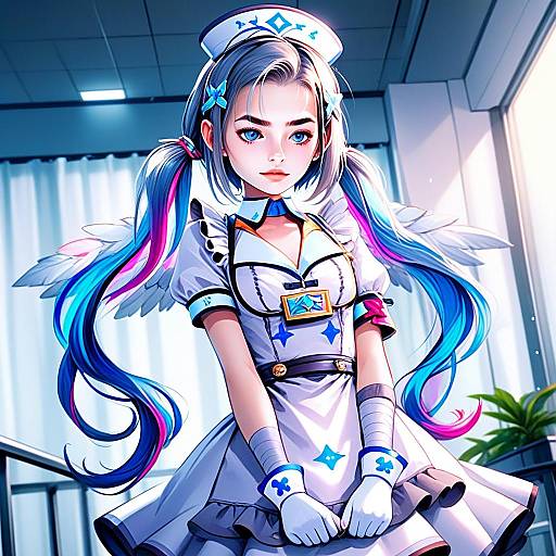Anime Style Futuristic Nurse Girl with Blue and Pink Hair in Medical Room