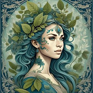 Woman with Flowing Blue Hair and Floral Elements