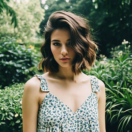 Portrait of Woman in Floral Dress in Lush Green Garden