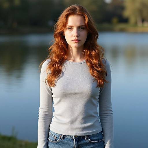 Portrait of Young Redheaded Woman Standing by Lake Outdoors