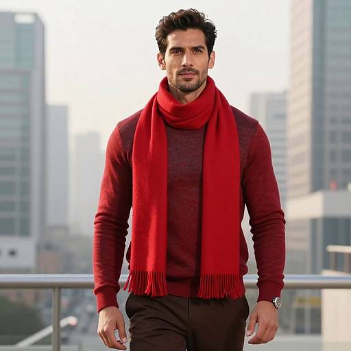 Stylish Man Wearing Red Sweater and Scarf in Urban Setting