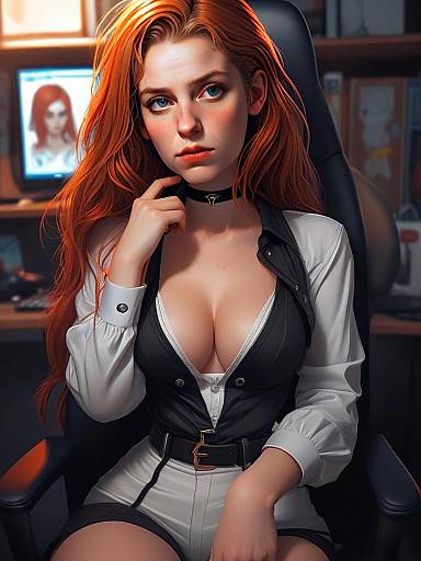 Digital Portrait of Red-Haired Woman in Black and White Outfit Sitting in Office Chair