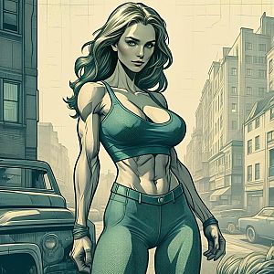 Muscular Woman in Urban Street - Digital Illustration