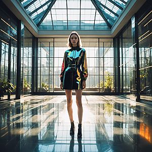Confident Woman in Futuristic Black Dress in Modern Atrium