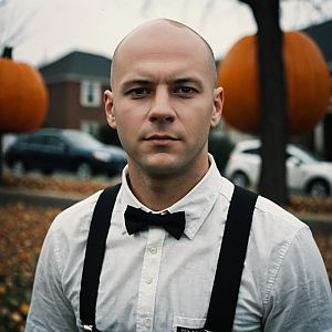 Bald man in white shirt and bow tie among pumpkins in fall