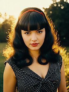 Vintage Style Woman with Bettie Page Bangs Hairstyle Outdoor Portrait