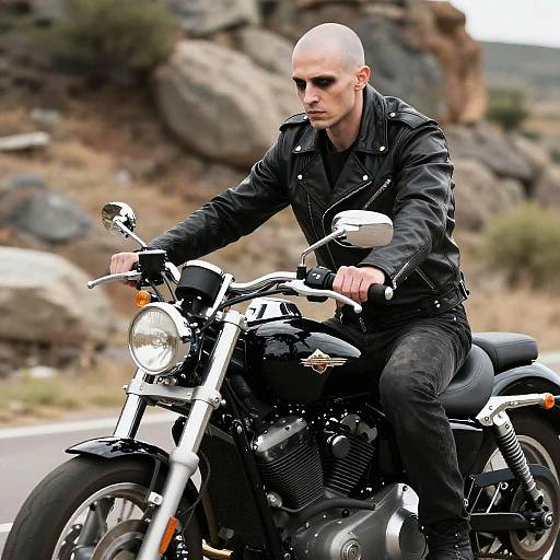 Man in Black Leather Jacket Riding Black Cruiser Motorcycle Outdoors