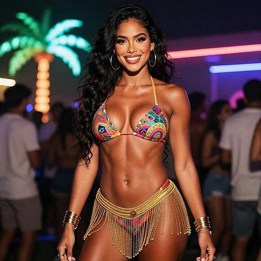 Confident Woman in Colorful Bikini at Neon-Lit Night Party