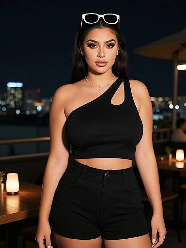 Chic Woman in Black Asymmetrical Crop Top and High-Waisted Shorts at Night